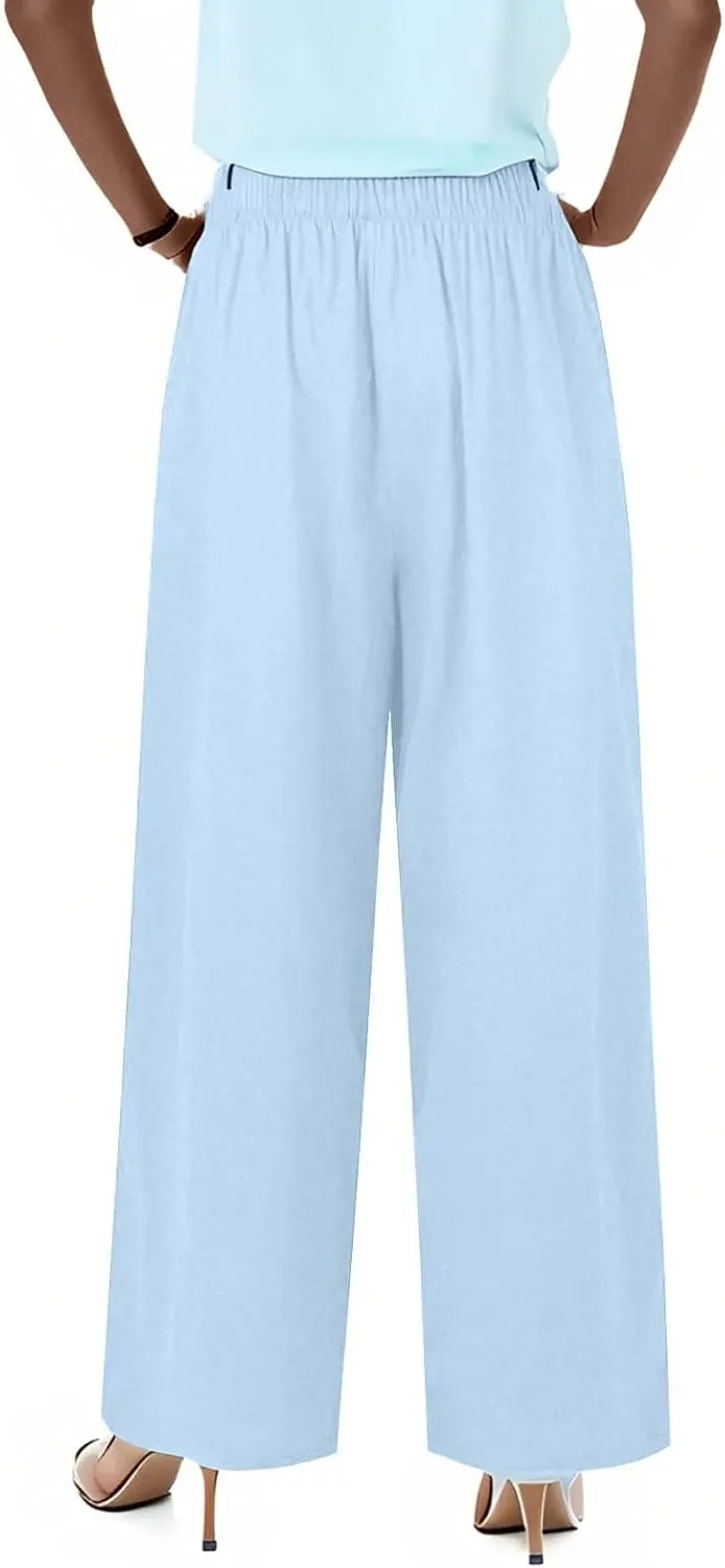 Summer Linen Pants Women Casual Drawstring Elastic Waist Palazzo Pants Flowy Boho Wide Leg Beach Trousers with Pockets