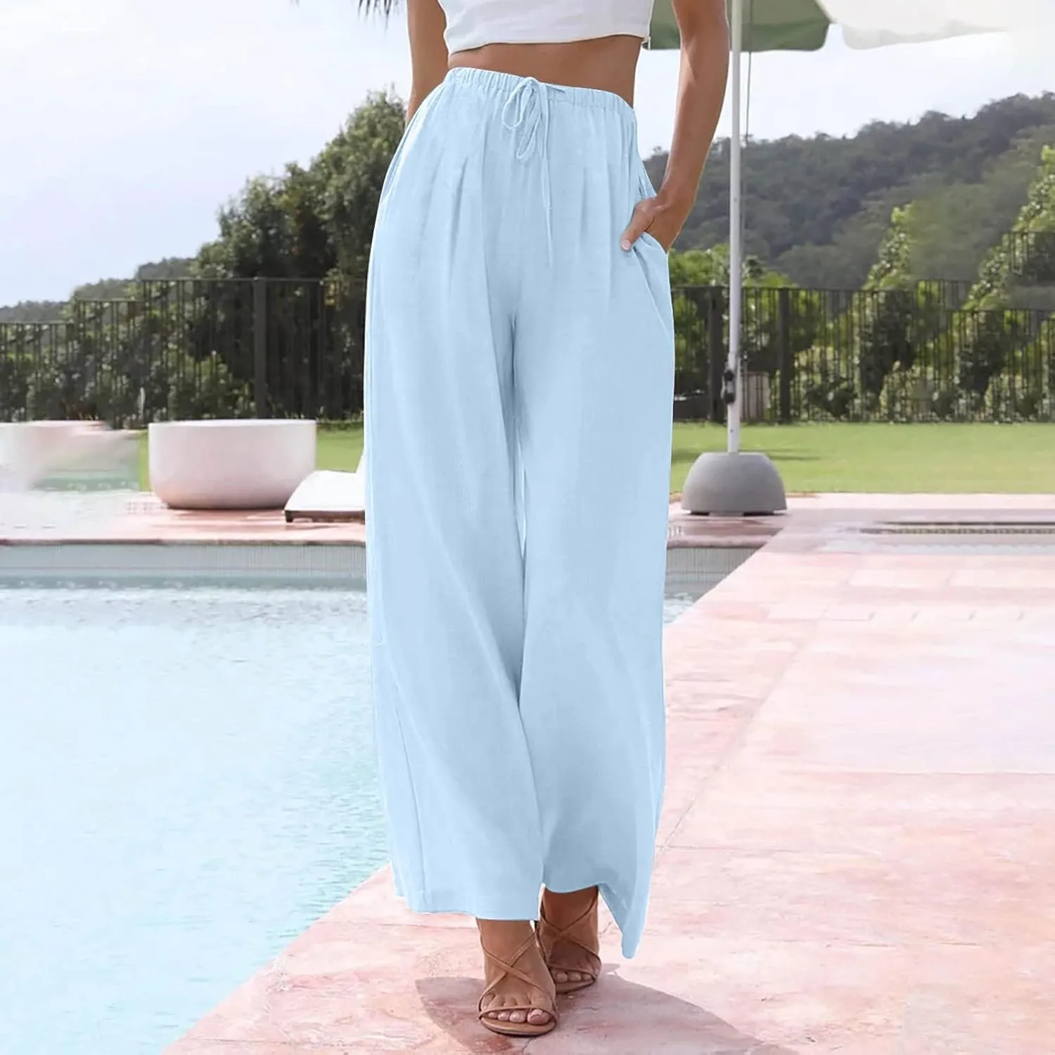 Summer Linen Pants Women Casual Drawstring Elastic Waist Palazzo Pants Flowy Boho Wide Leg Beach Trousers with Pockets