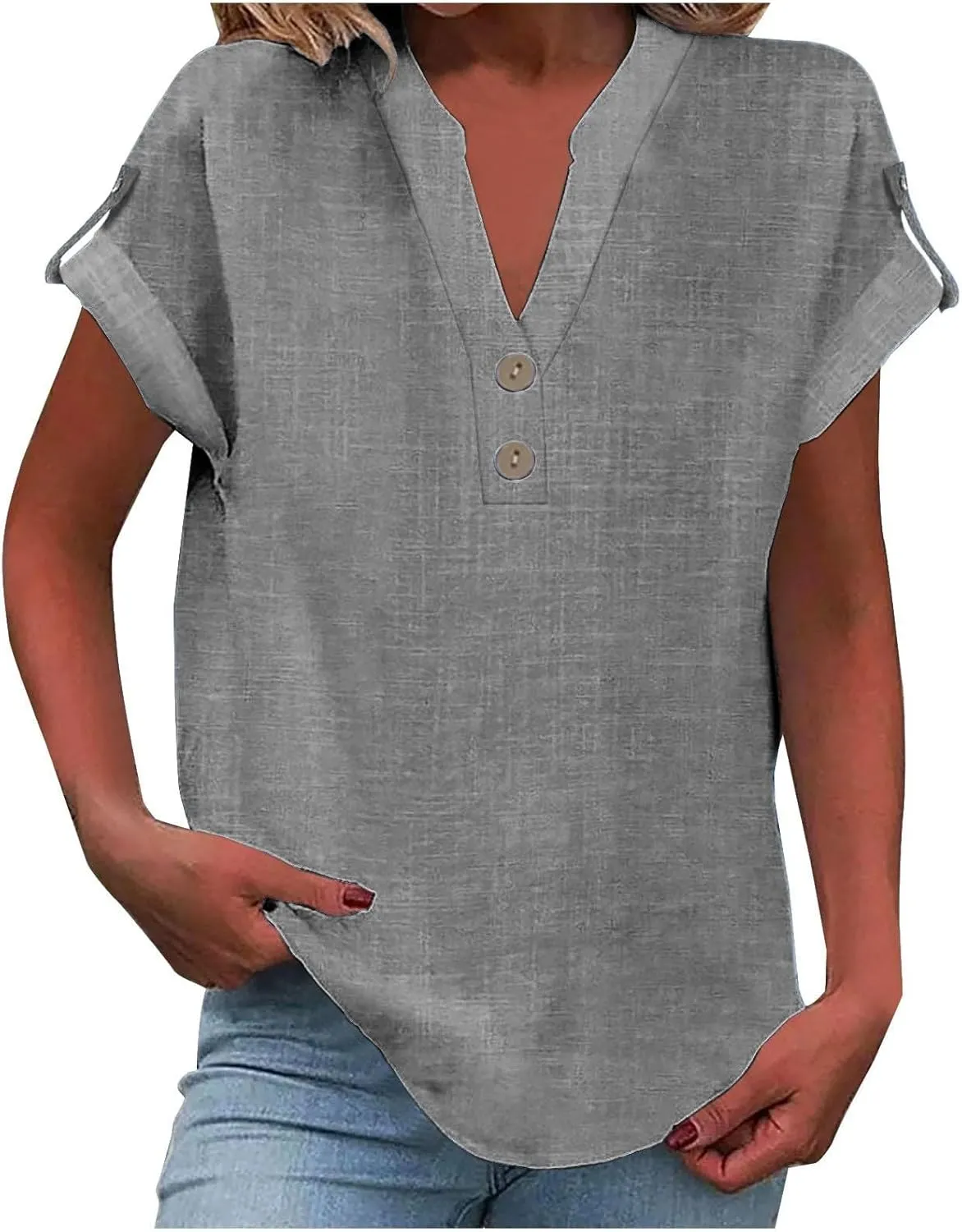 Summer Linen Tops for Women Trendy 2025 Dressy Short Sleeve V Neck Button Down Shirts Loose Tunic Shirt Blouses