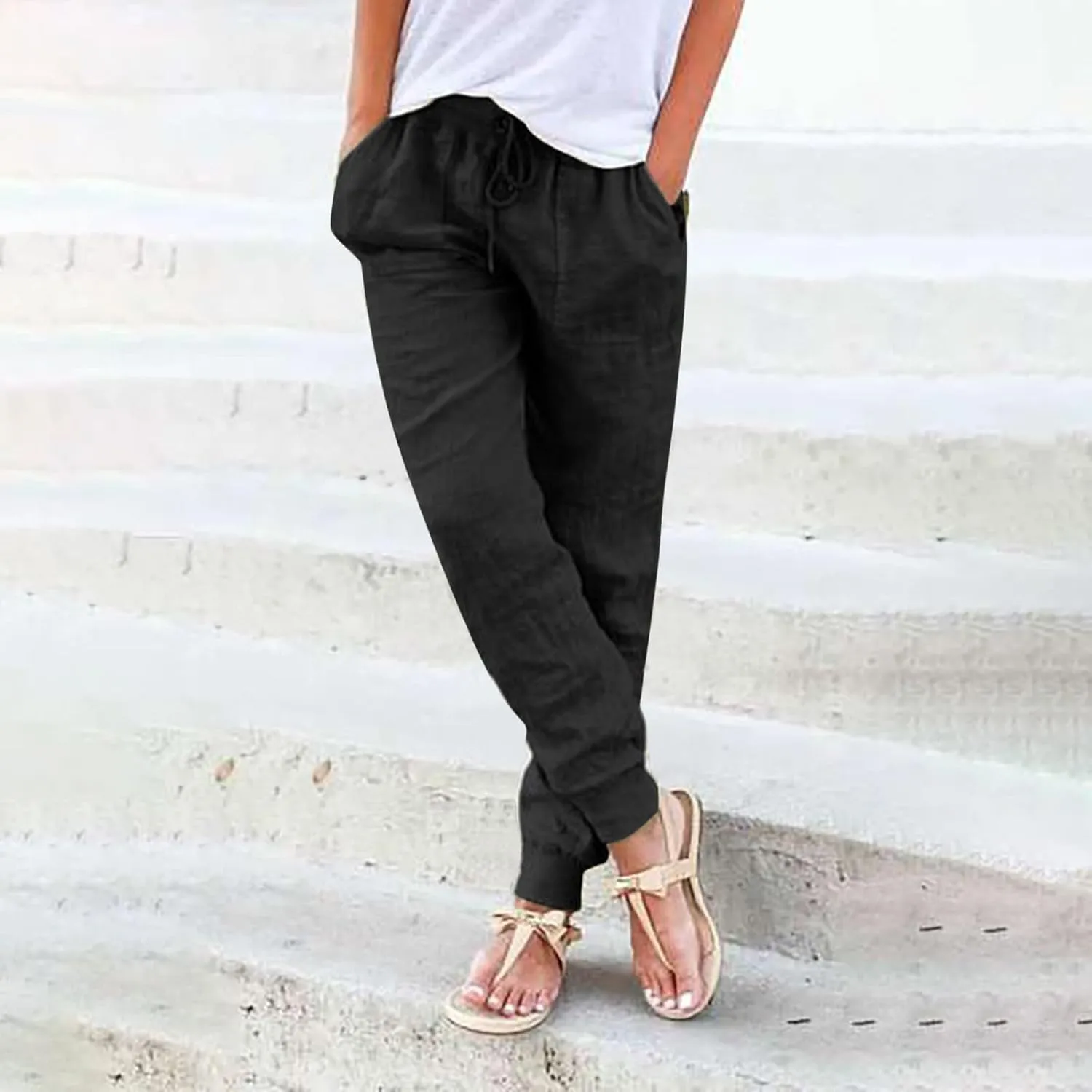Summer Pants For Women 2024 Linen Straight Leg Beach Pants Drawstring High Waist Loose Comfy Trousers with Pockets