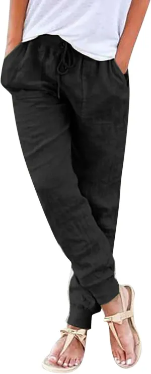 Summer Pants For Women 2024 Linen Straight Leg Beach Pants Drawstring High Waist Loose Comfy Trousers with Pockets