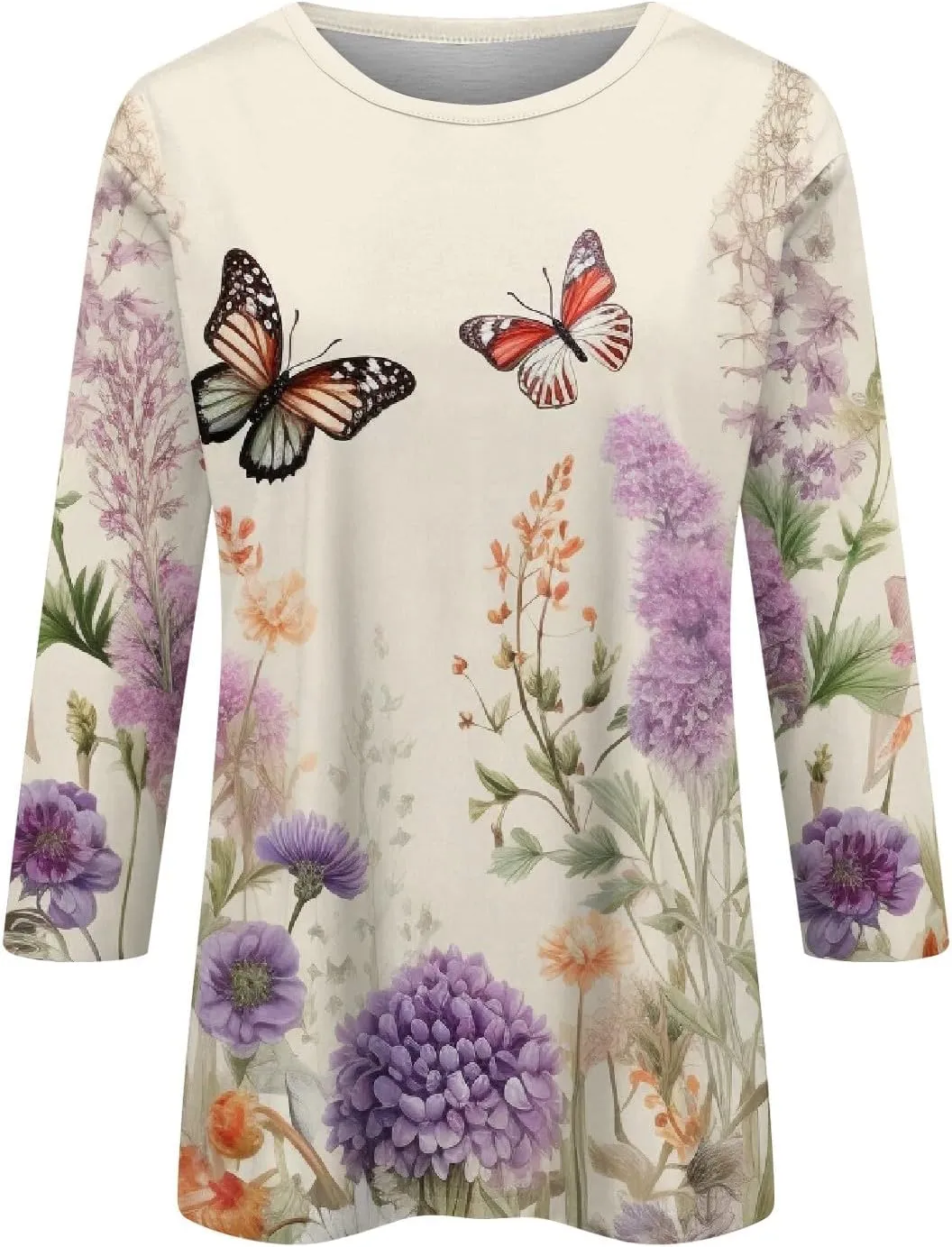 Summer Shirts for Women 3/4 Length Sleeve Crewneck Tops Trendy Loose Casual Printed Three Quarter Cute Blouse