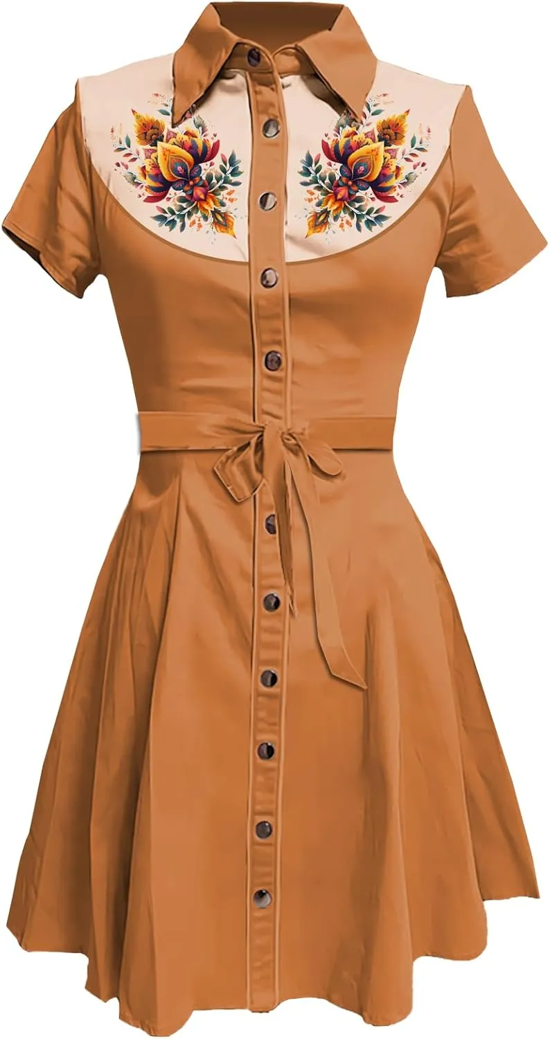 Summer Vintage Western Midi Dresses for Women 2025 Button Down Bodycon Retro Floral Printed Shirts Dress