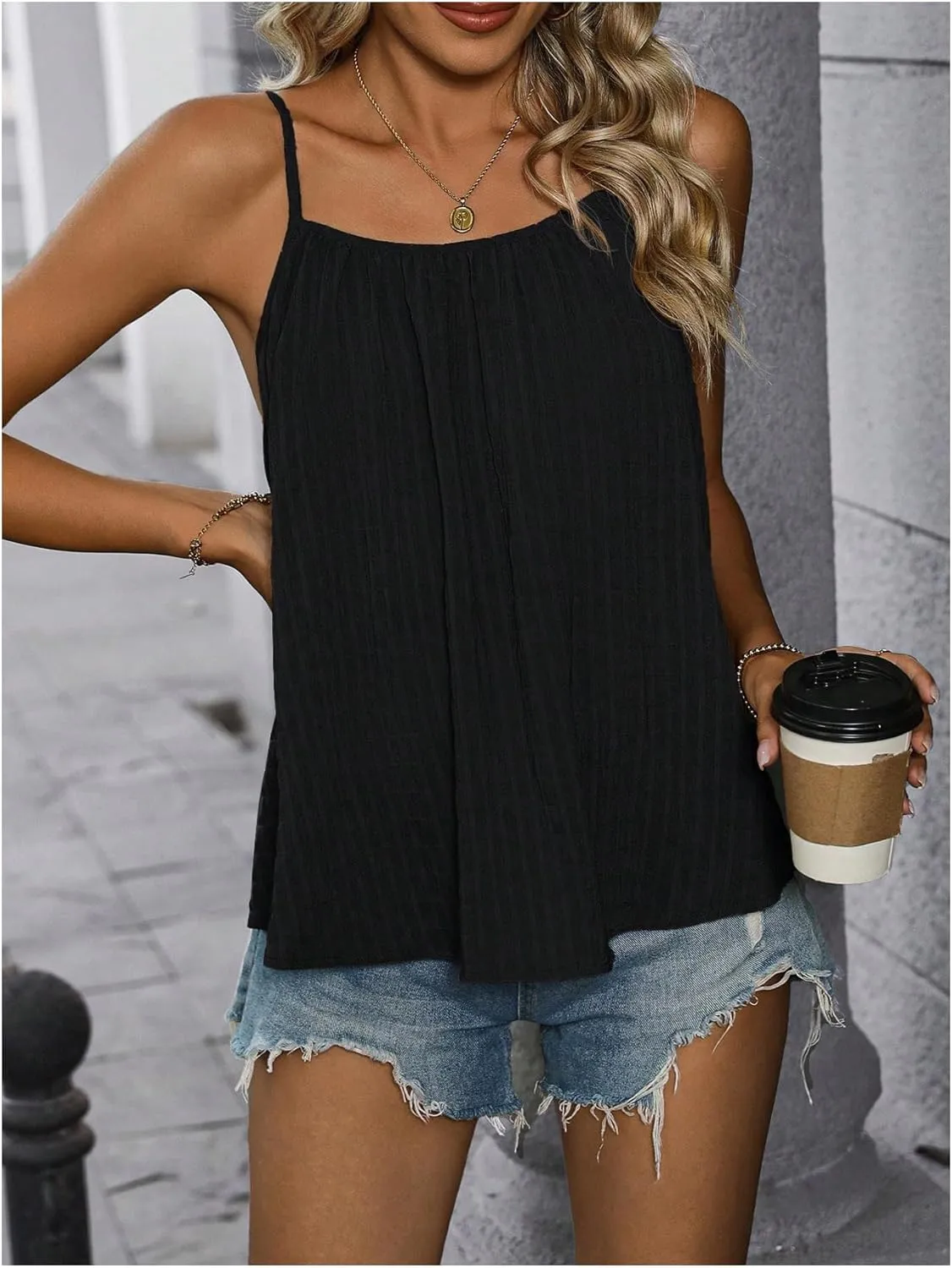 SweatyRocks Women's Summer Tank Top Spaghetti Strap Pleated Camisole Sleeveless Loose Cami Tops