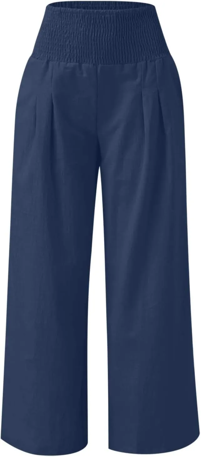 TANGNADE Women Summer Smocked High Waisted Cotton Linen Palazzo Pants Plus Size Wide Leg Casual Loose Travel Gauze Trouser