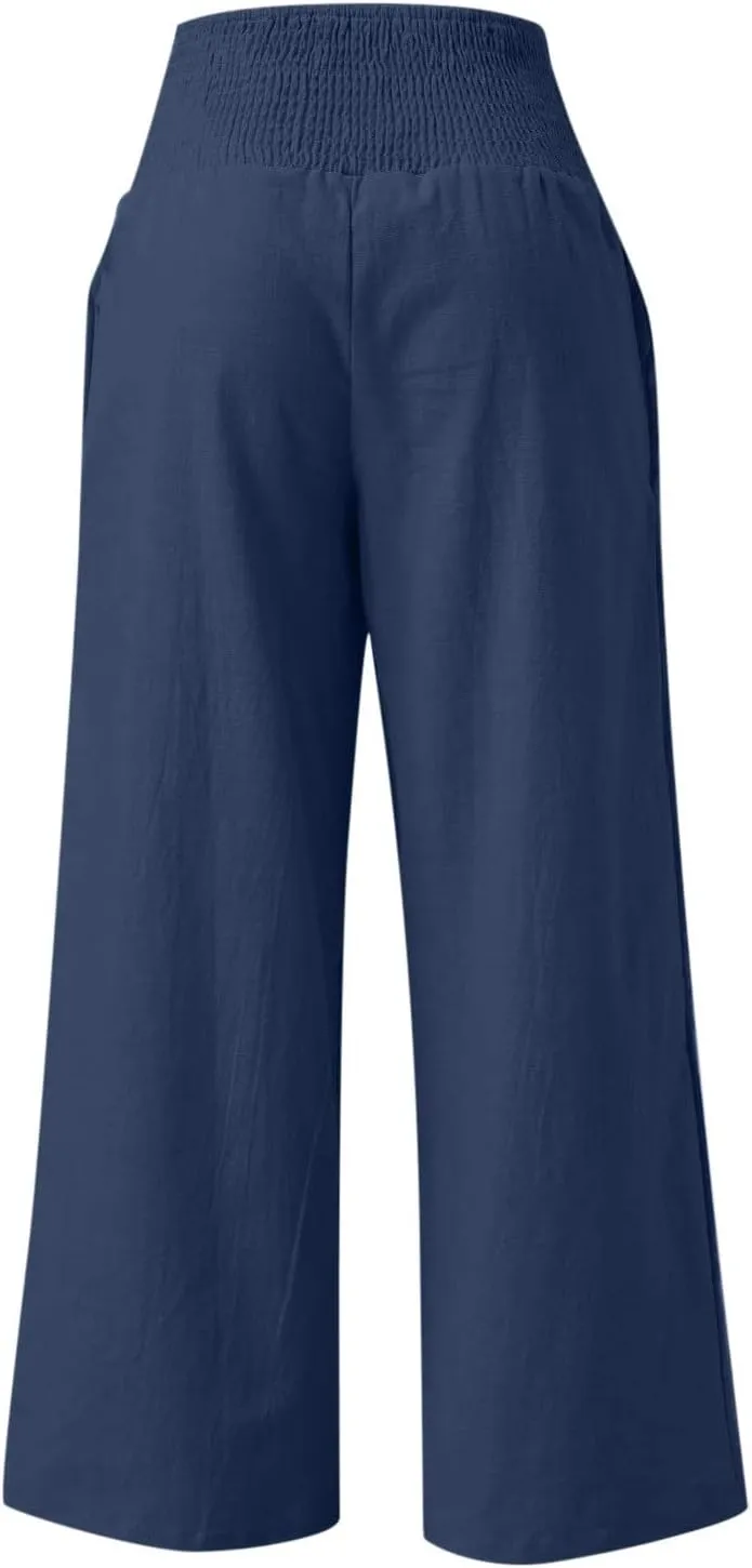 TANGNADE Women Summer Smocked High Waisted Cotton Linen Palazzo Pants Plus Size Wide Leg Casual Loose Travel Gauze Trouser