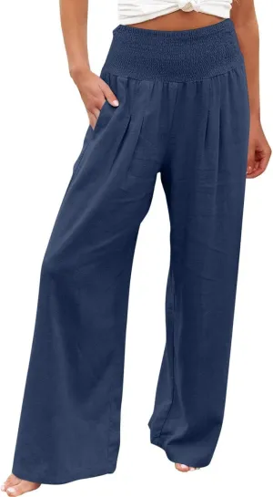 TANGNADE Women Summer Smocked High Waisted Cotton Linen Palazzo Pants Plus Size Wide Leg Casual Loose Travel Gauze Trouser