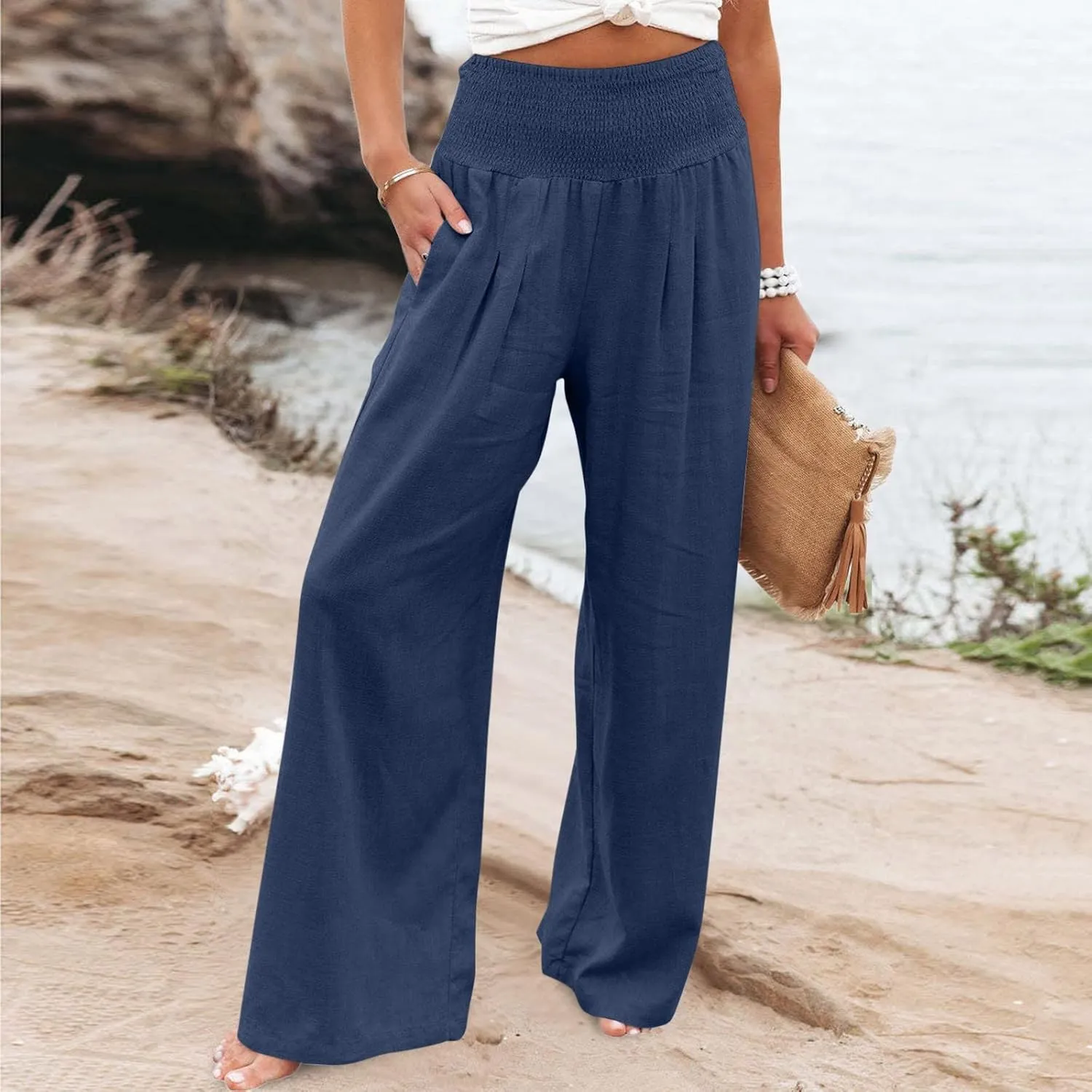 TANGNADE Women Summer Smocked High Waisted Cotton Linen Palazzo Pants Plus Size Wide Leg Casual Loose Travel Gauze Trouser