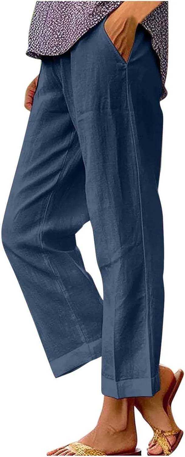 TARIENDY Cotton Linen Pants for Women Loose Fit Summer Casual Trousers Trendy Plus Size Wide Leg Beach Vacation Outfits