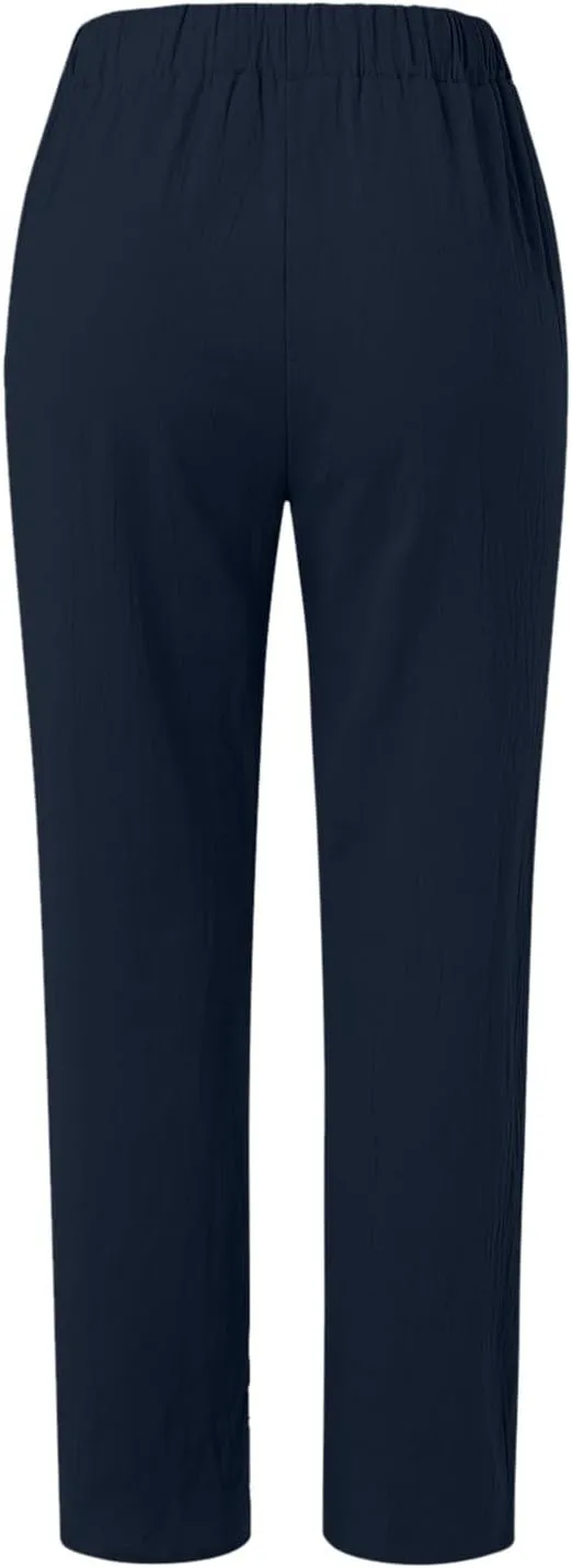 TARIENDY Women's Casual Pants Summer Trendy Elastic Waist Pant Straight Leg Baggy Trousers Vacation Outfits with Pockets