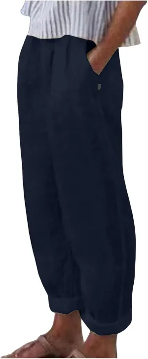 TARIENDY Women's Casual Pants Summer Trendy Elastic Waist Pant Straight Leg Baggy Trousers Vacation Outfits with Pockets