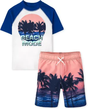 The Children's Place Boys' Short Sleeve Rash Guard and Swim Trunk 2-Piece Set