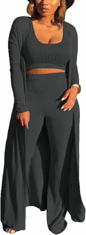 ThusFar Women 3 Piece Outfits Ottoman Rib Open Front Cardigan Cover Up Crop Tank Tops Wide Leg Palazzo Pant Set Jumpsuit