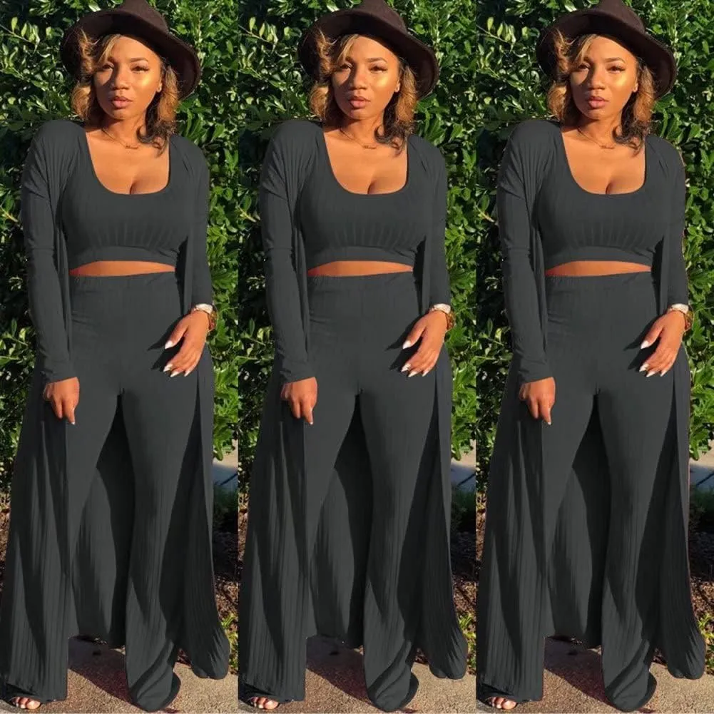 ThusFar Women 3 Piece Outfits Ottoman Rib Open Front Cardigan Cover Up Crop Tank Tops Wide Leg Palazzo Pant Set Jumpsuit