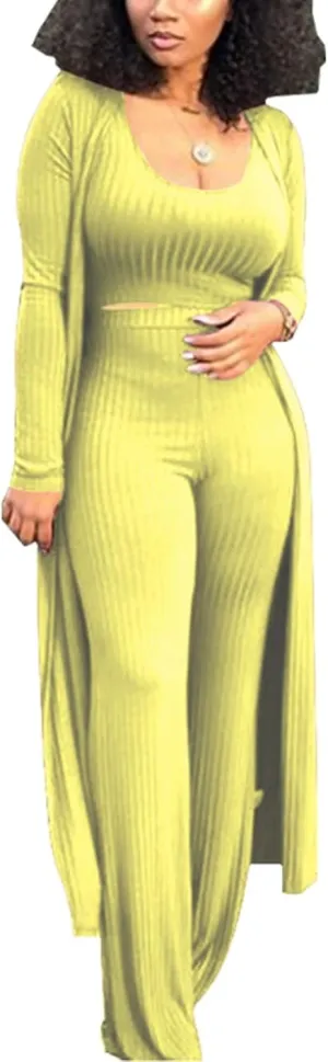ThusFar Women 3 Piece Outfits Ottoman Rib Open Front Cardigan Cover Up Crop Tank Tops Wide Leg Palazzo Pant Set Jumpsuit
