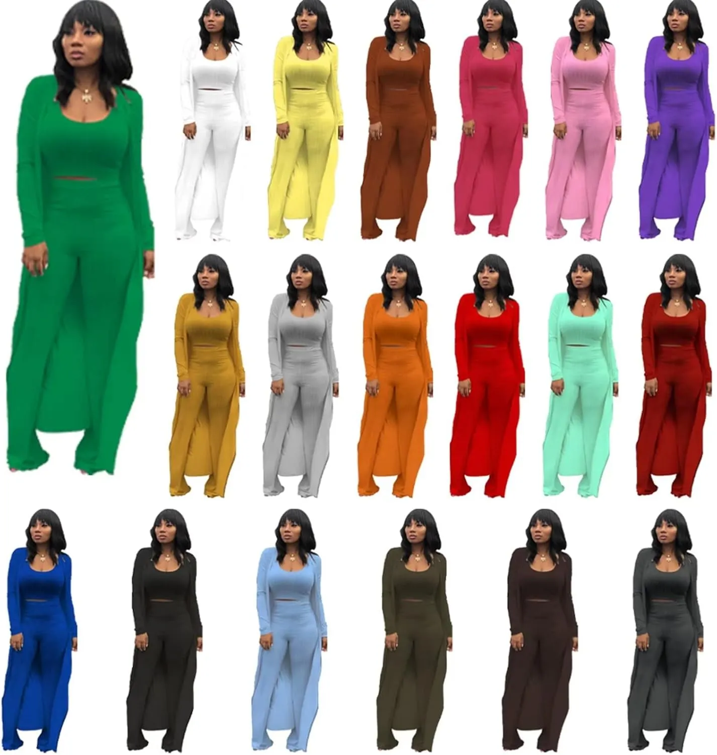 ThusFar Women 3 Piece Outfits Ottoman Rib Open Front Cardigan Cover Up Crop Tank Tops Wide Leg Palazzo Pant Set Jumpsuit
