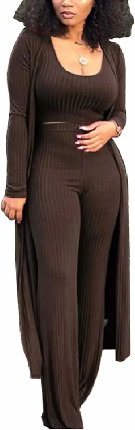 ThusFar Women 3 Piece Outfits Ottoman Rib Open Front Cardigan Cover Up Crop Tank Tops Wide Leg Palazzo Pant Set Jumpsuit