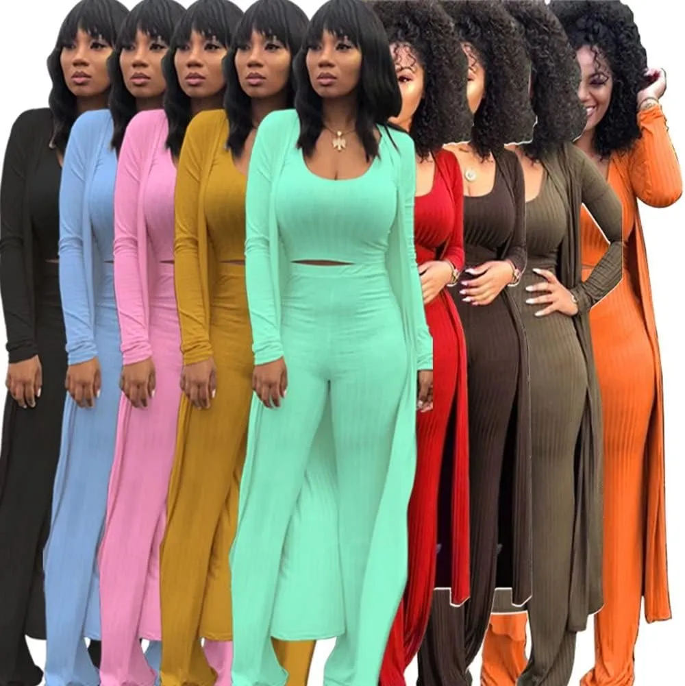 ThusFar Women 3 Piece Outfits Ottoman Rib Open Front Cardigan Cover Up Crop Tank Tops Wide Leg Palazzo Pant Set Jumpsuit