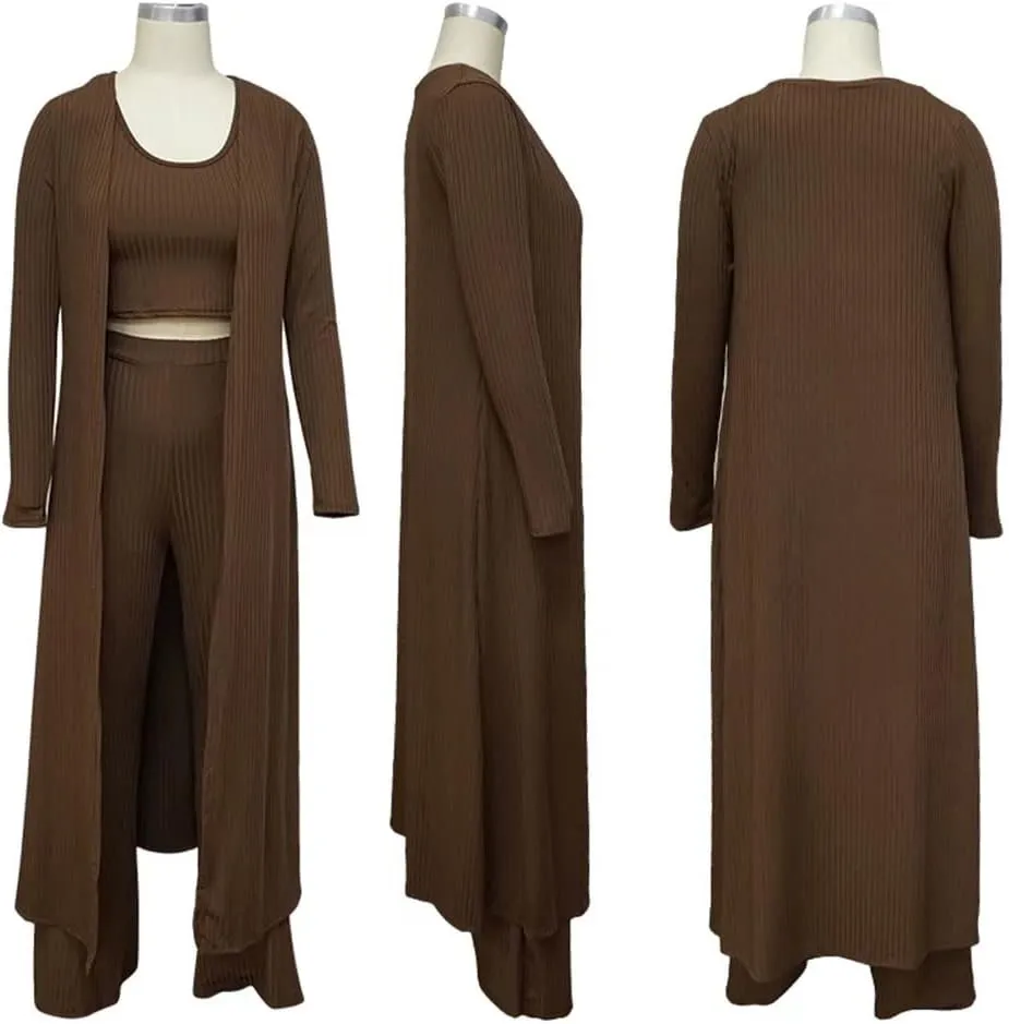 ThusFar Women 3 Piece Outfits Ottoman Rib Open Front Cardigan Cover Up Crop Tank Tops Wide Leg Palazzo Pant Set Jumpsuit