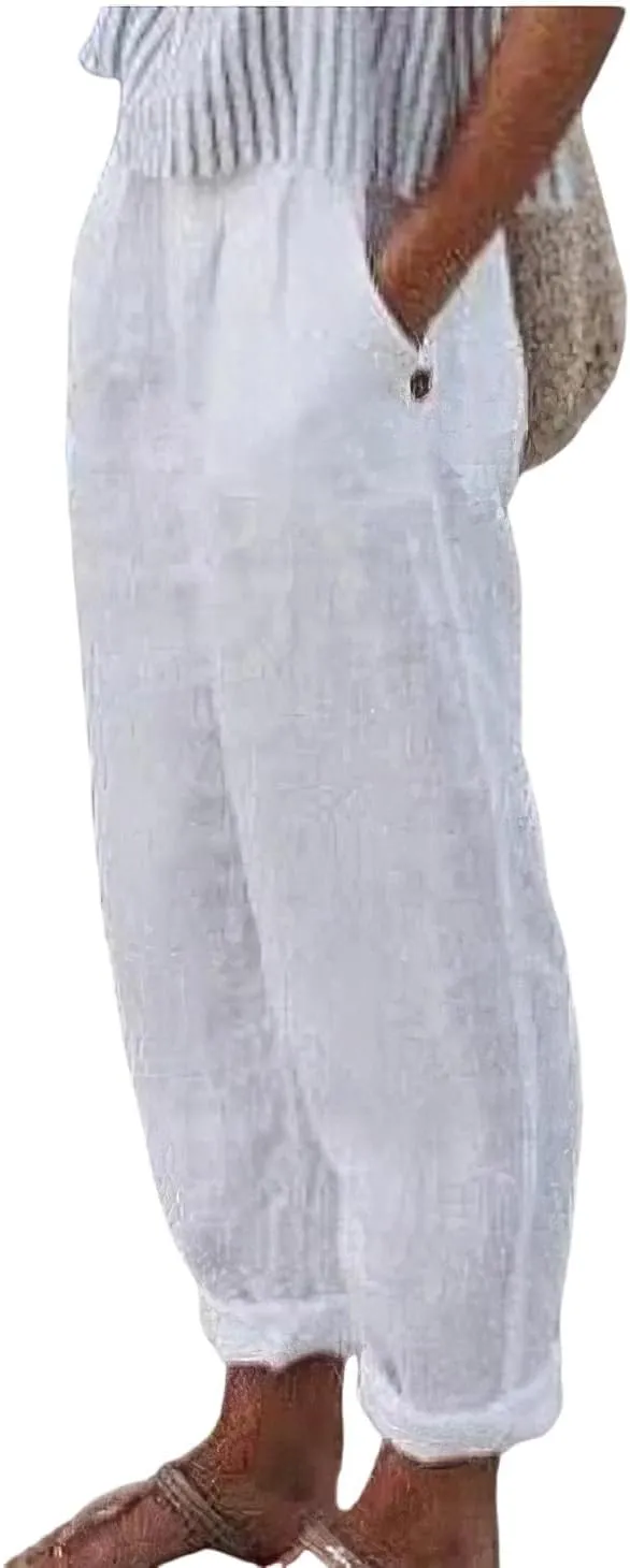 TIAFORD Women's Summer Casual Loose Cotton Linen Pants Elastic High Waist Wide Leg Beach Trousers with Pockets Plus Size