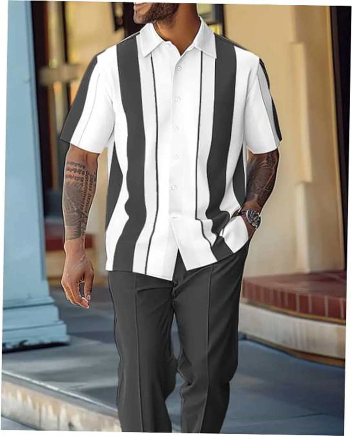 TIFIYA Men's Casual Loose 2 Piece Leisure Suits,Shirts and Pants Set,Retro Party Walking Outfits S-5XL