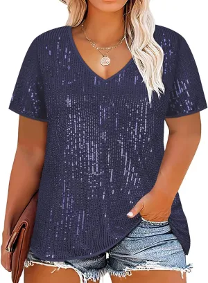 TIYOMI Plus Size Sequin Tops Short Sleeve Shirts for Women V-Neck Party Sparkly Tunics XL-5XL
