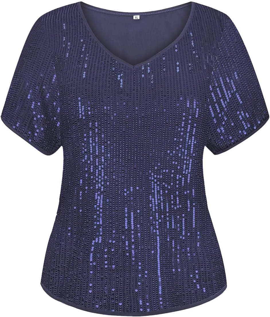TIYOMI Plus Size Sequin Tops Short Sleeve Shirts for Women V-Neck Party Sparkly Tunics XL-5XL