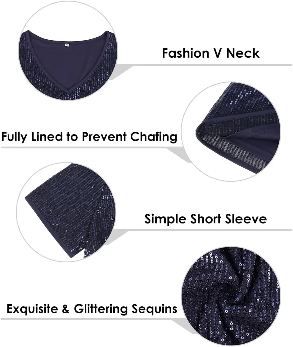 TIYOMI Plus Size Sequin Tops Short Sleeve Shirts for Women V-Neck Party Sparkly Tunics XL-5XL