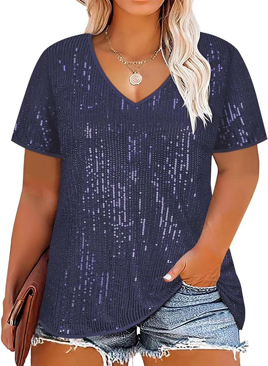 TIYOMI Plus Size Sequin Tops Short Sleeve Shirts for Women V-Neck Party Sparkly Tunics XL-5XL