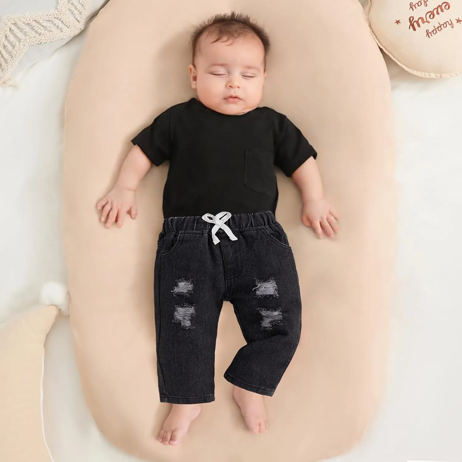 Toddler Baby Boys Denim Outfits Solid Color Short Sleeve T-Shirt Tops   Ripped Jeans Pants Set