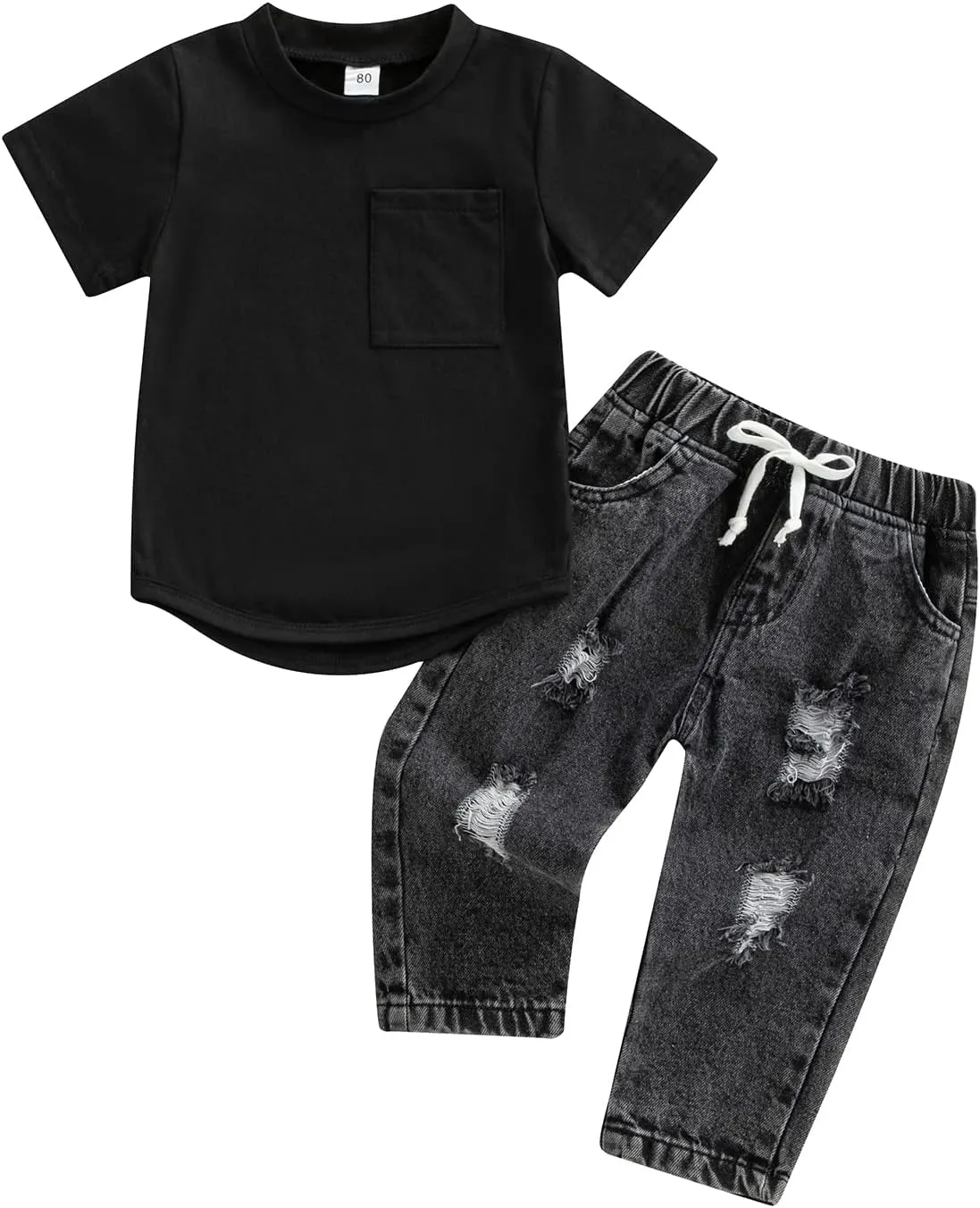 Toddler Baby Boys Denim Outfits Solid Color Short Sleeve T-Shirt Tops   Ripped Jeans Pants Set