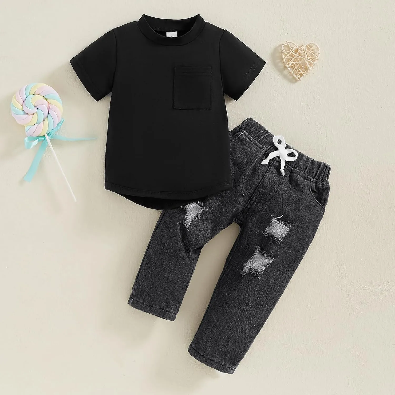 Toddler Baby Boys Denim Outfits Solid Color Short Sleeve T-Shirt Tops   Ripped Jeans Pants Set