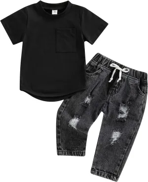 Toddler Baby Boys Denim Outfits Solid Color Short Sleeve T-Shirt Tops   Ripped Jeans Pants Set