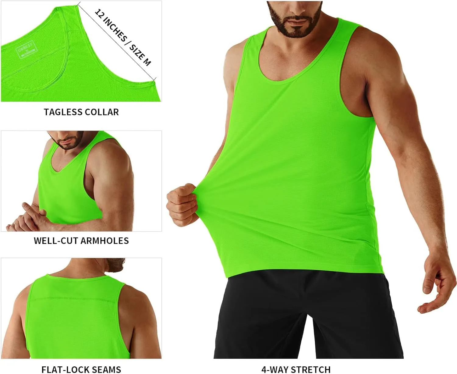 URBEST Men's Neon Workout Sleeveless Shirts Quick Dry Swim Beach Muscle Gym Running Athletic Tank Top