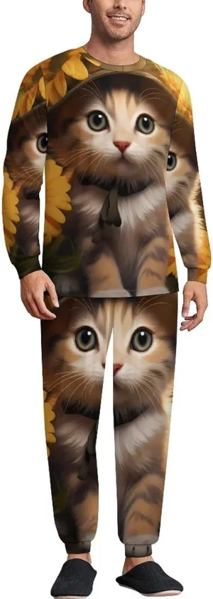 Vacation Kitten Sunflower Men's Pajamas Sets Round Neck Long Sleeve Shirts And Bottoms 2 Piece Pjs Loungewear