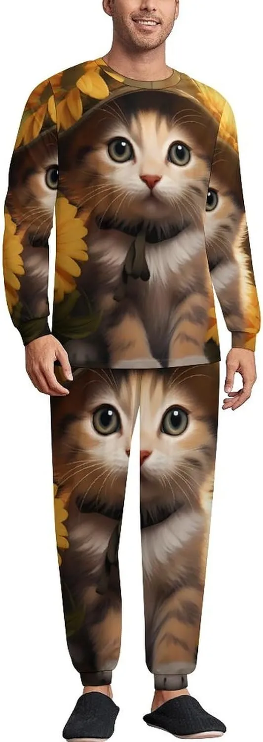 Vacation Kitten Sunflower Men's Pajamas Sets Round Neck Long Sleeve Shirts And Bottoms 2 Piece Pjs Loungewear