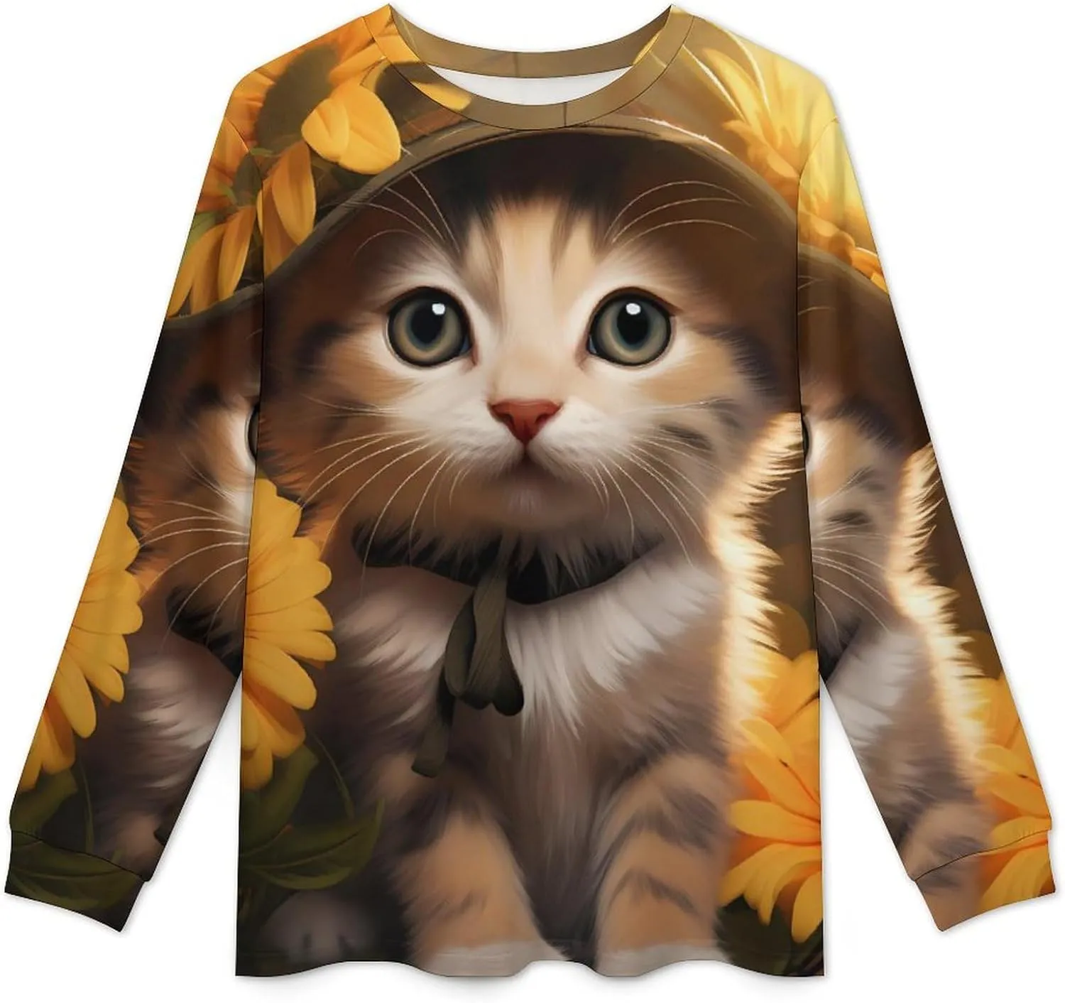 Vacation Kitten Sunflower Men's Pajamas Sets Round Neck Long Sleeve Shirts And Bottoms 2 Piece Pjs Loungewear
