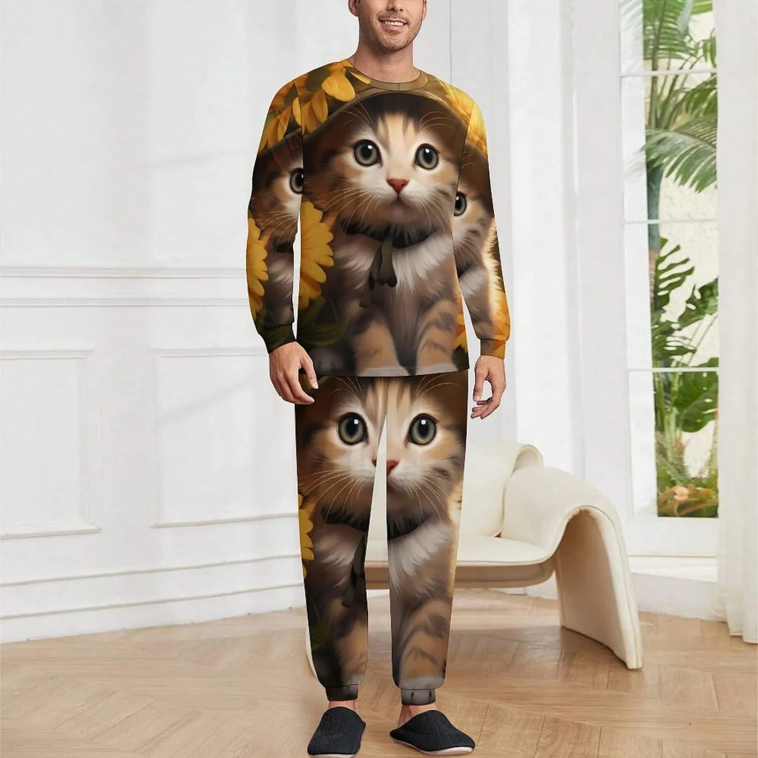 Vacation Kitten Sunflower Men's Pajamas Sets Round Neck Long Sleeve Shirts And Bottoms 2 Piece Pjs Loungewear