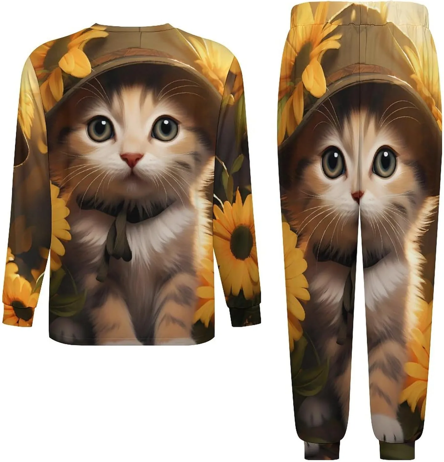 Vacation Kitten Sunflower Men's Pajamas Sets Round Neck Long Sleeve Shirts And Bottoms 2 Piece Pjs Loungewear