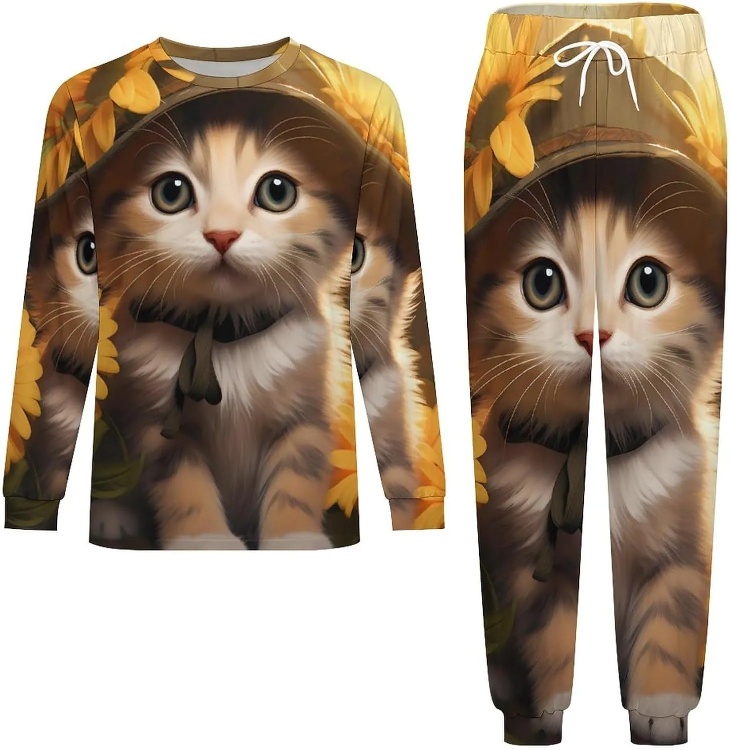 Vacation Kitten Sunflower Men's Pajamas Sets Round Neck Long Sleeve Shirts And Bottoms 2 Piece Pjs Loungewear
