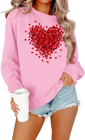 Valentine's Day Women's Funny Love Heart Graphic Shirt - Casual Long Sleeve Pullover Top