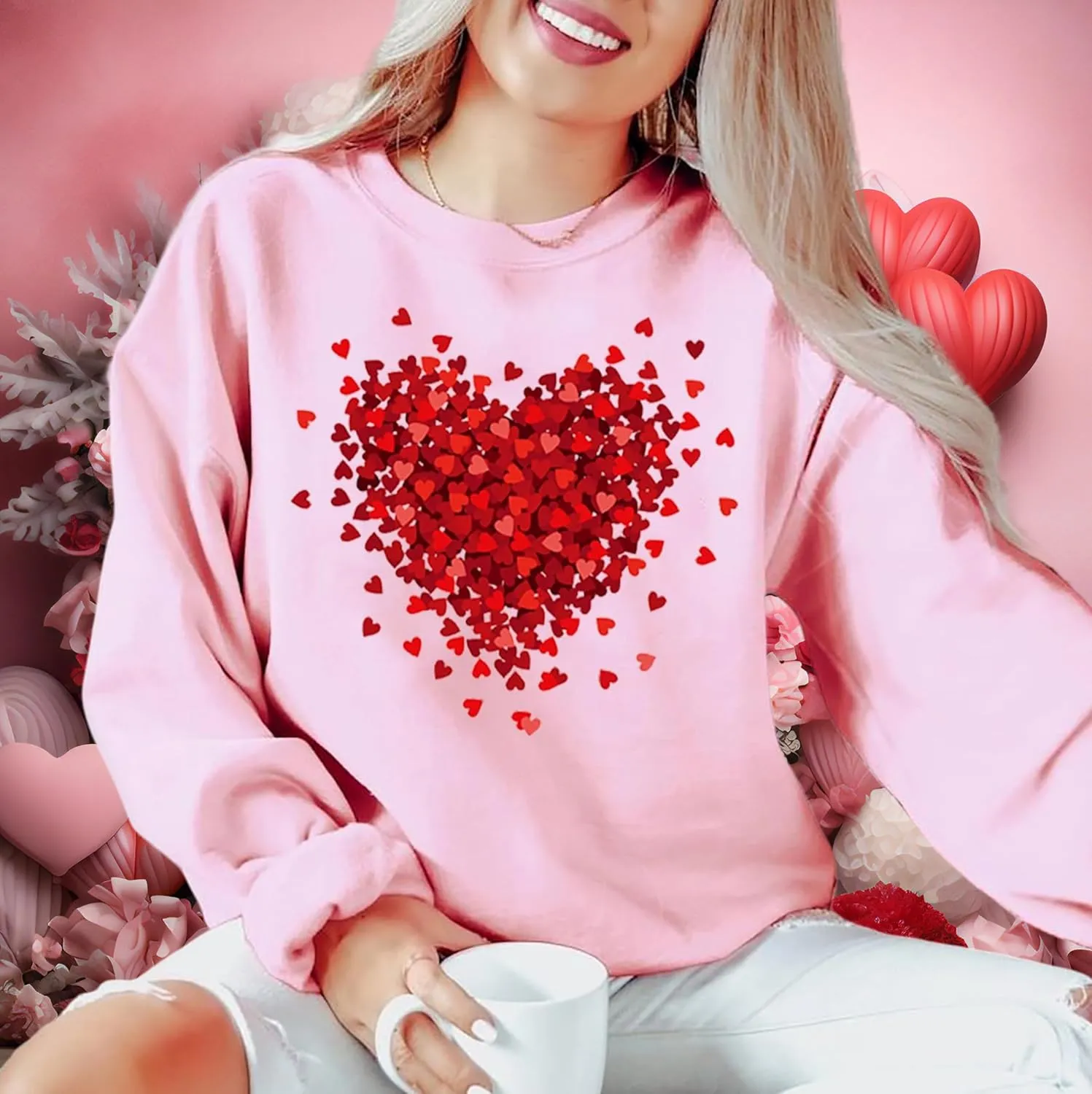 Valentine's Day Women's Funny Love Heart Graphic Shirt - Casual Long Sleeve Pullover Top