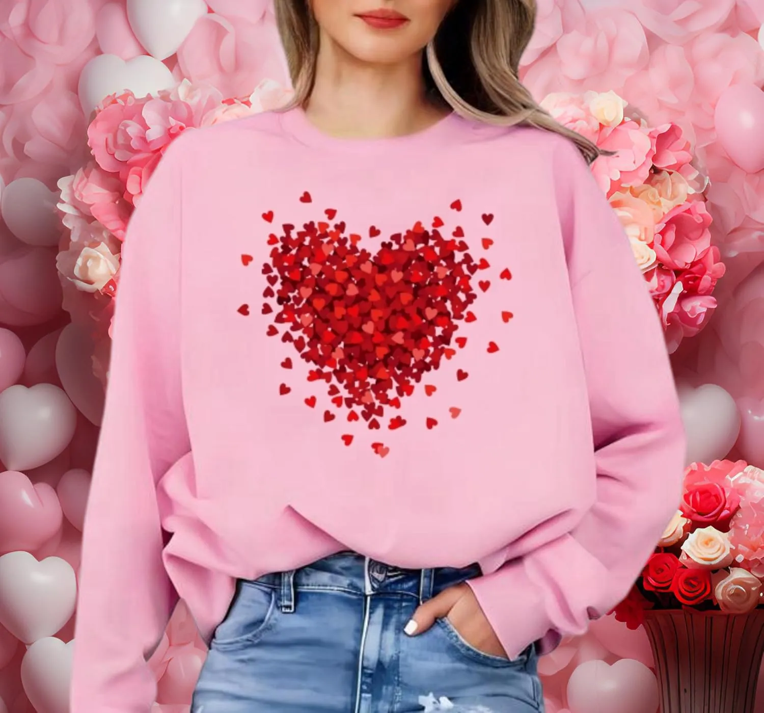 Valentine's Day Women's Funny Love Heart Graphic Shirt - Casual Long Sleeve Pullover Top