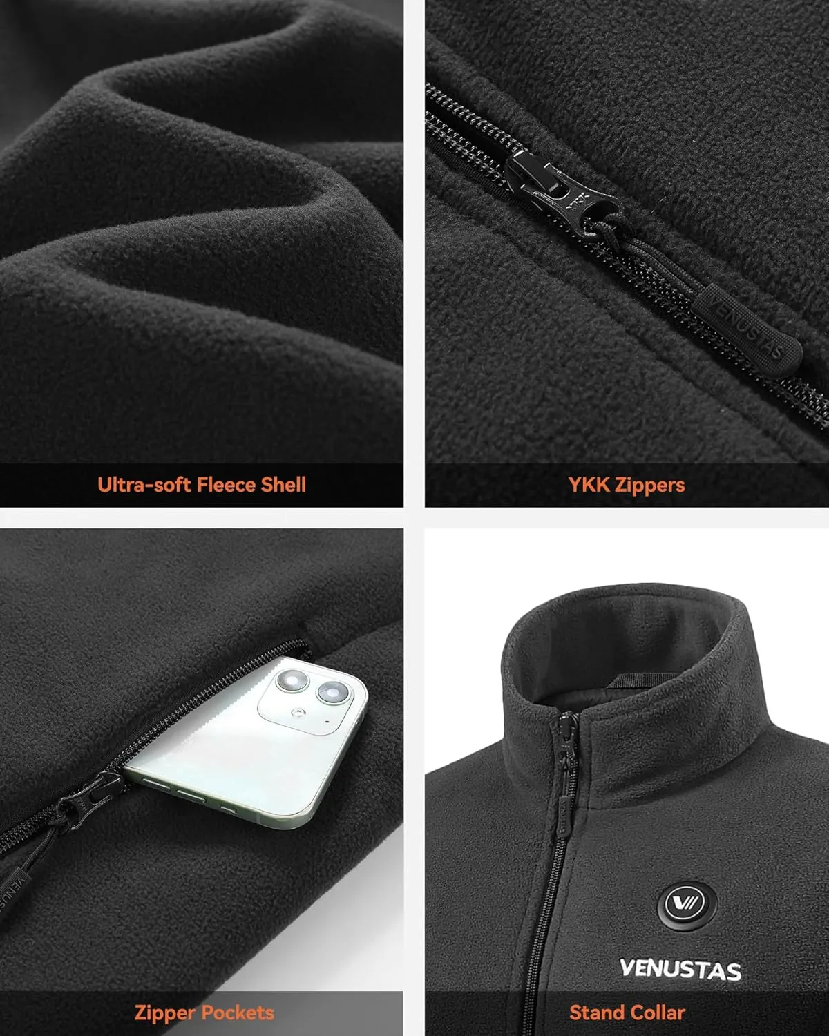 Venustas Men's Heated Jacket with Battery, Soft Fleece Heated Coat, Durable YKK Zipper