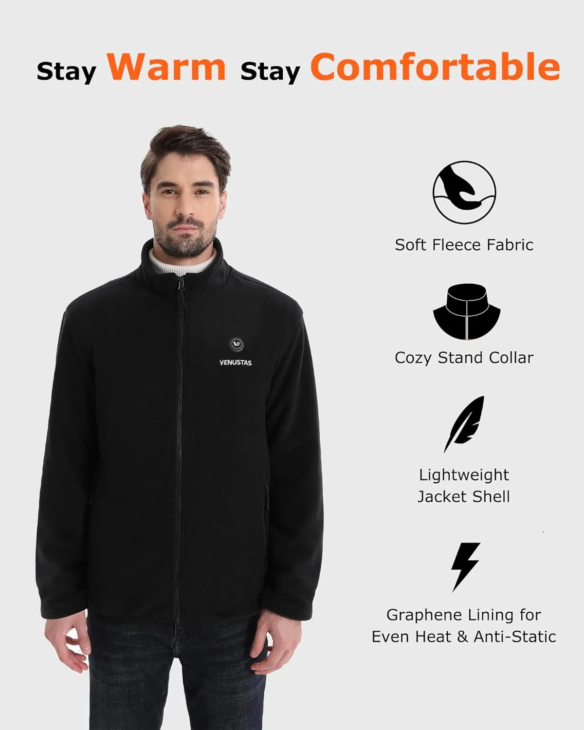 Venustas Men's Heated Jacket with Battery, Soft Fleece Heated Coat, Durable YKK Zipper