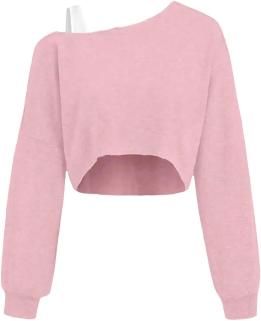 Verdusa Girl's Y2k Off The Shoulder Crop Tops Asymmetrical Neck Fall Athletic Sweatshirts