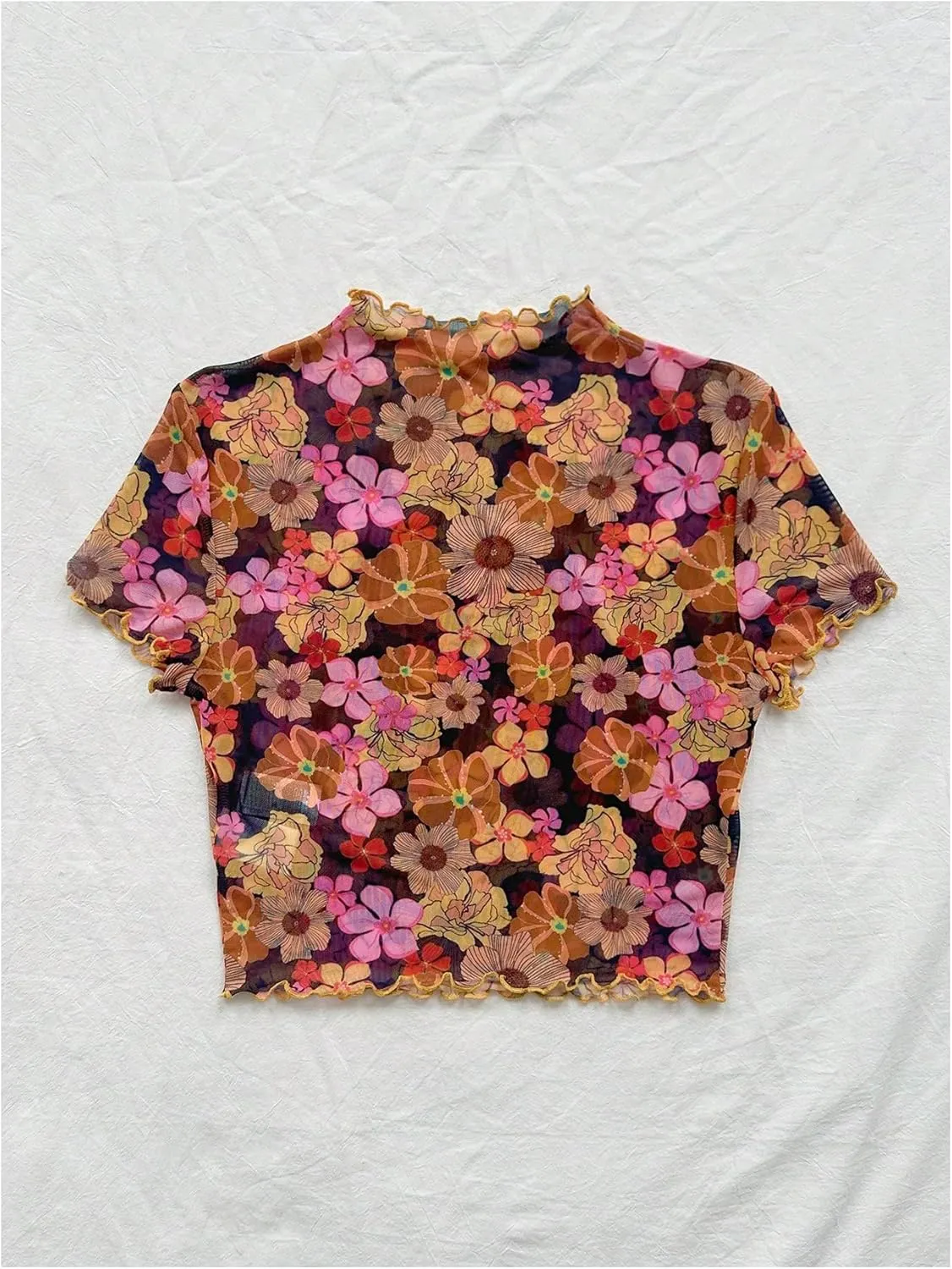 Verdusa Women's Boho Mock Neck Short Sleeve Floral Fitted Mesh T Shirt Tops