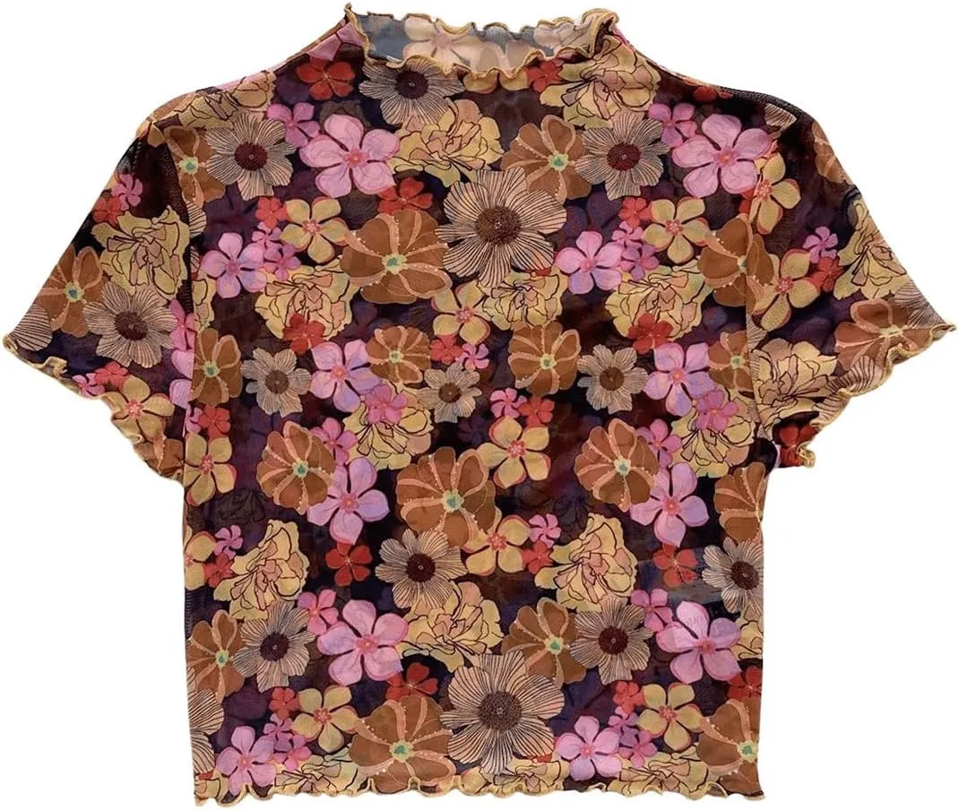Verdusa Women's Boho Mock Neck Short Sleeve Floral Fitted Mesh T Shirt Tops