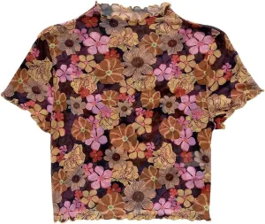 Verdusa Women's Boho Mock Neck Short Sleeve Floral Fitted Mesh T Shirt Tops