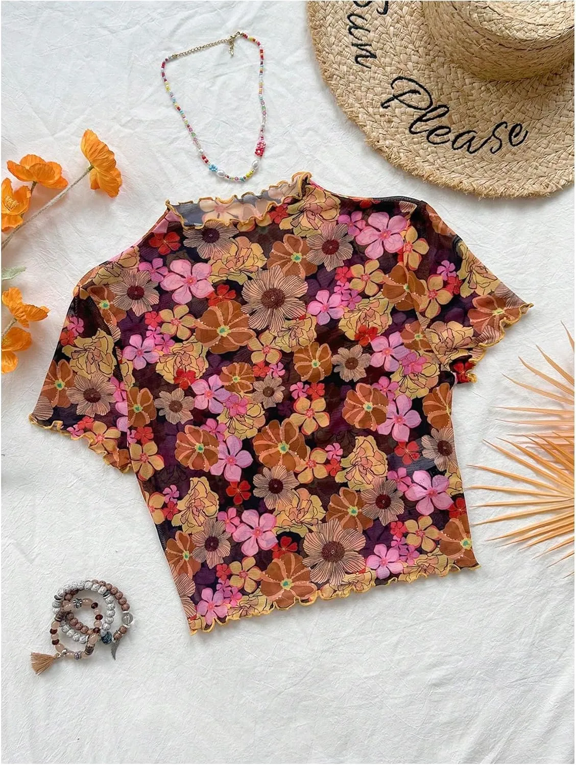 Verdusa Women's Boho Mock Neck Short Sleeve Floral Fitted Mesh T Shirt Tops